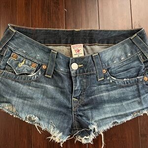 True Religion Blue Distressed Denim Frayed Shorts 90s Y2K 2000s Low Rise